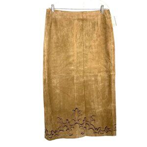 VTG Womens 14 Tan Margaret Godfrey Suede Western Boho Skirt Embroidered Hem NWT